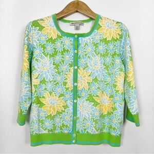 Vintage David Brooks 3/4 Sleeve Green Yellow Floral Cotton‎ Cardigan Size XL